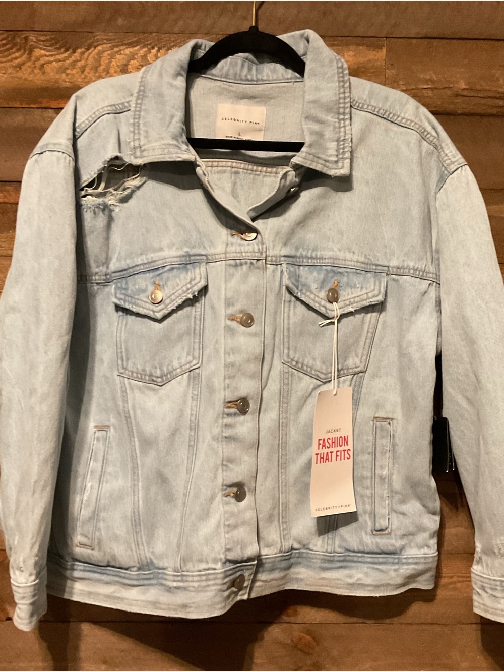 Celebrity Pink Light Wash Denim Distressed Jacket Women’s Size Large NWT